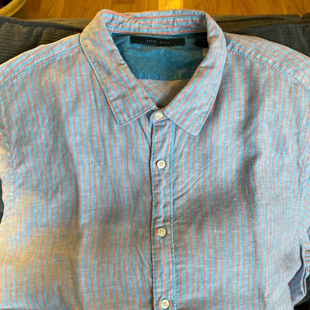 Perry Ellis XXL 100% Linen striped s/s camp shirt